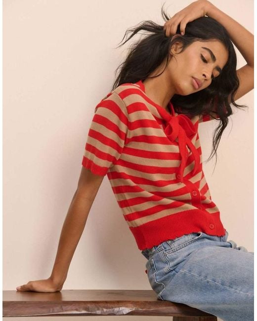 Nobody's Child Red Strip Short Sleeve Tie Neck Cardigan
