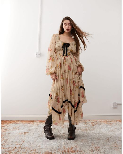 sachin and babi light blue dress Reclaimed Vintage Long Sleeve Boho Winter Maxi Dress in Natural