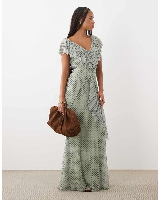 ASOS White Printed Mesh Ruffle Maxi Dress With Open Back