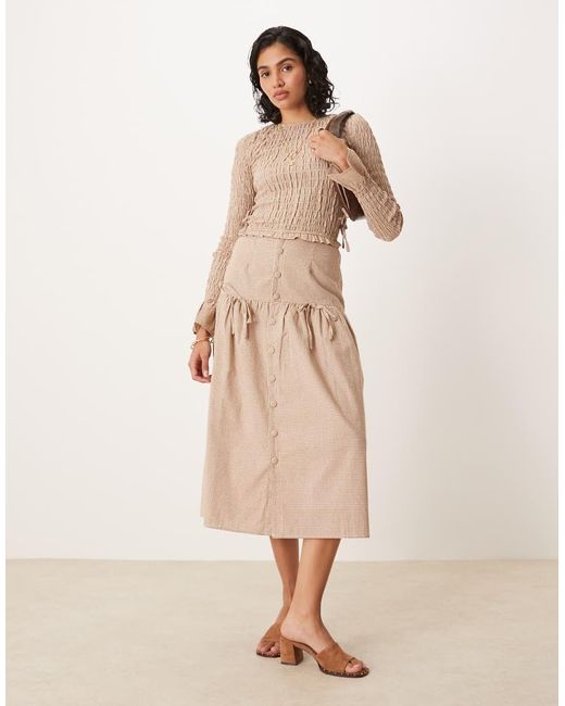 Glamorous Natural Long Sleeve Shirred Top With Tie Sides