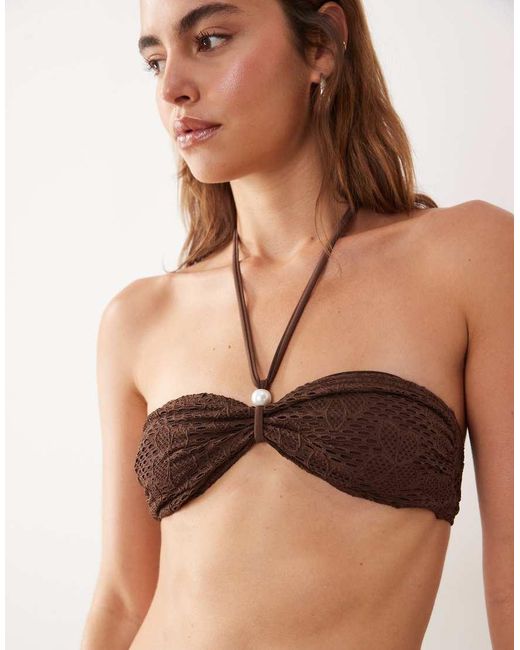 Miss Selfridge Brown Crochet Halterneck Faux Pearl Bikini Top