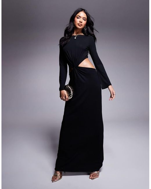 ASOS Blue Long Sleeve Maxi Dress With Twist Drape Cut Out Waist