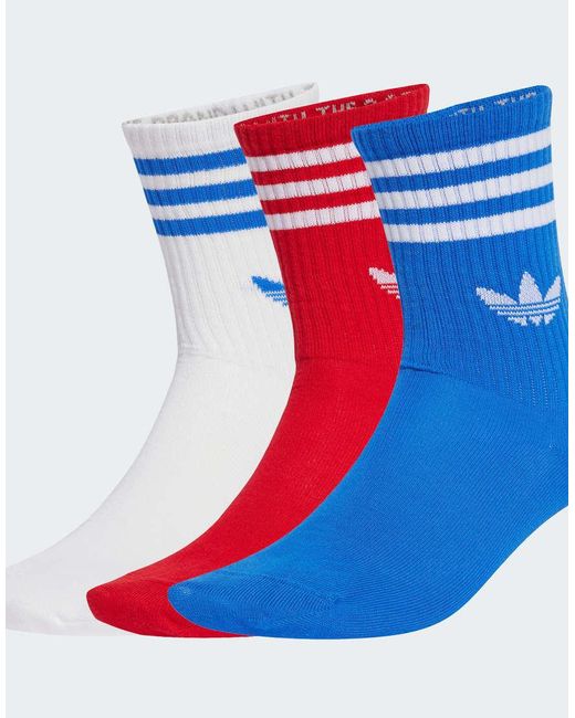 Pack De 3 Pares De Calcetines Deportivos De Color Rojo Escarlata, Azul Y Blanco Con 3 Rayas De Adidas Originals de color Blue
