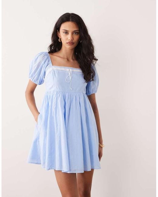 Abercrombie & Fitch Blue Square Neck Puff Sleeve Milkmaid Mini Dress