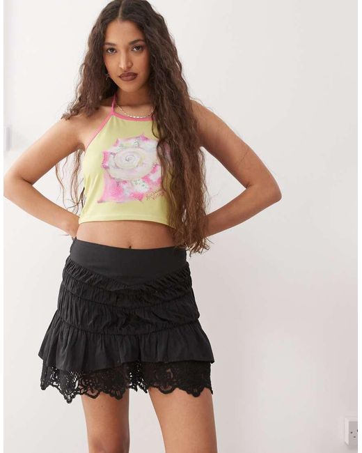 Reclaimed Vintage Natural Western Cowgirl Mini Skirt With Lace Hem