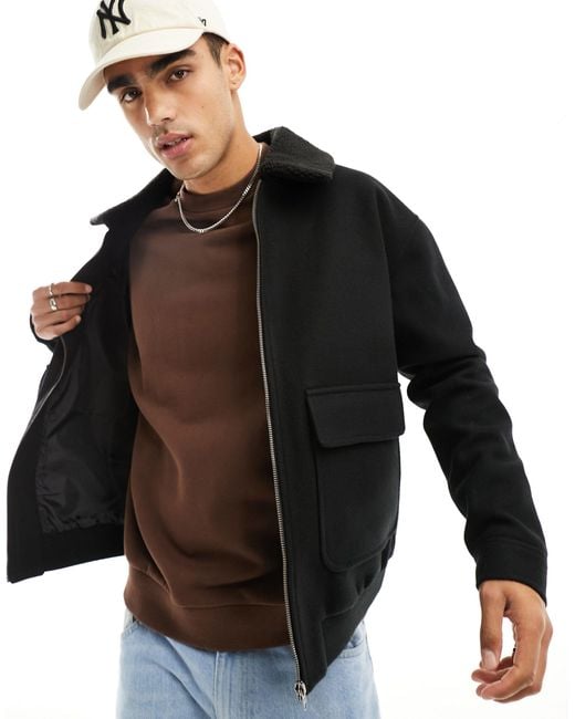 ASOS Oversized Wool Look Bomber Jacket With Borg Collar in Black for Men Lyst UK