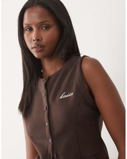 Kaiia Brown Cotton Rich Embroidered Logo Button Through Sweat Waistcoat Co-ord