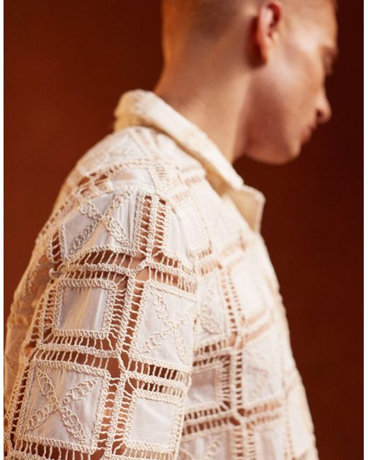 ASOS Brown Premium Co-ord Paneled Crochet Shirt for men