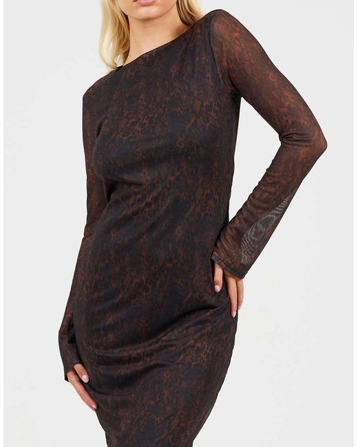 Brave Soul Brown Snake Print Long Sleeve Mesh Maxi Dress