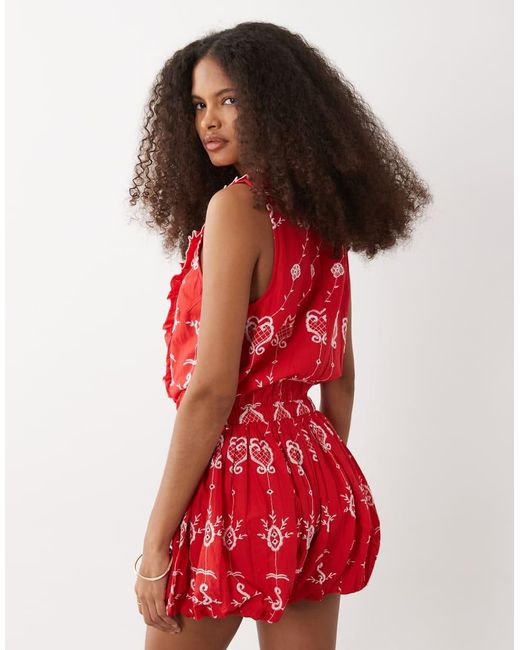 River Island Red Cutwork Ruffle Playsuit