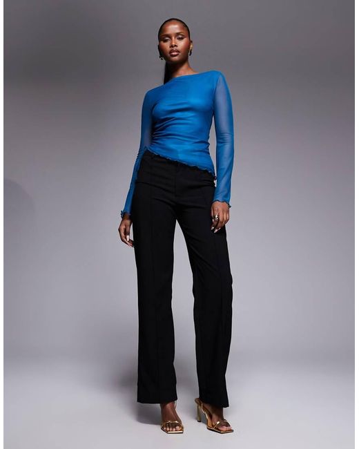 ASOS Blue Mesh Drawstring Top With Flute Sleeve