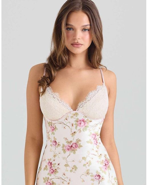 House Of Cb White Felicity Ivory Floral Print Satin Bias Cut Midi Dress