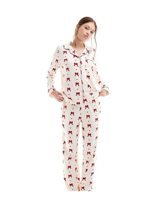 Chelsea Peers White Exclusive Poly Red Bow Print Pyjama Set