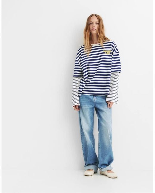 Pull&Bear Blue Striped Double Sleeve T-shirt