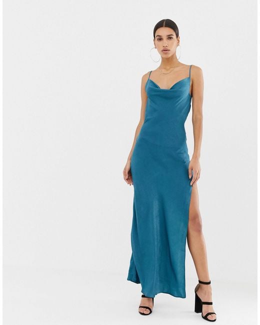 Missguided Blue Satin Cowl Neck Maxi Slip Dress