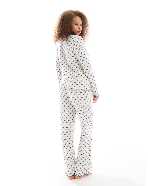Loungeable White Super Soft Ribbed Bow Print Pajama Set