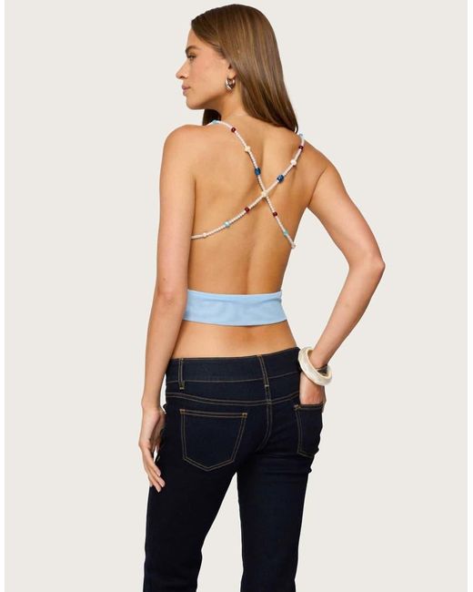 Edikted Blue Beaded Deep Cowl Neck Backless Top
