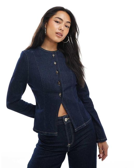 ASOS Blue Collarless Denim Jacket With Shoulder Pads And Cinched Waist