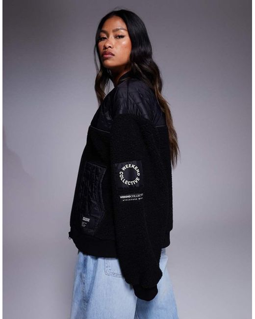 ASOS Blue Weekend Collective Borg Zip Through Bomber Jacket With Nylon Detail