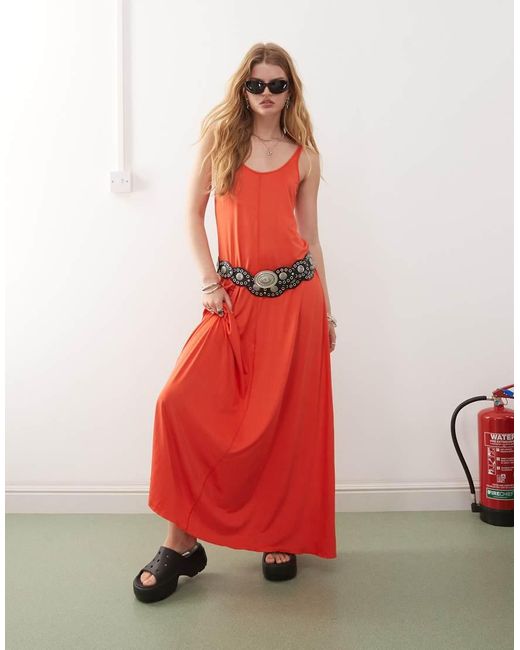 Monki Red Strappy Floaty Maxi Dress