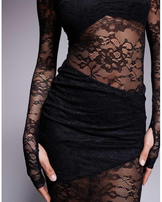 Wanderdoll Black Wander Doll Britney High Neck Lace Bodysuit And Drape Detail Maxi Skirt Set