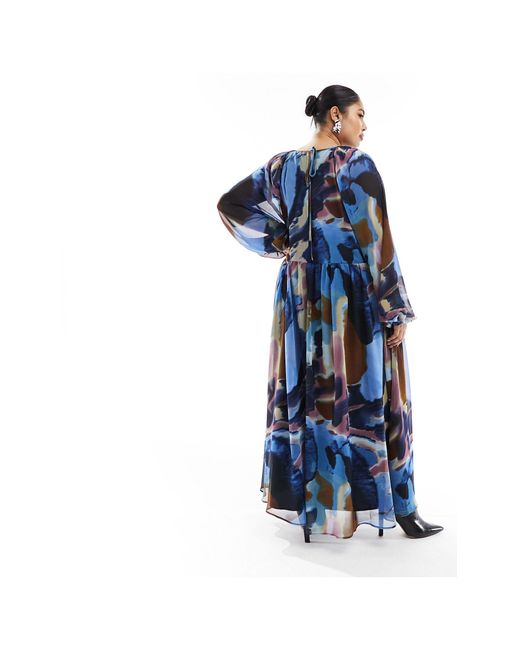ASOS Blue Asos Design Curve Chiffon Maxi Smock Dress With Scallop Waist