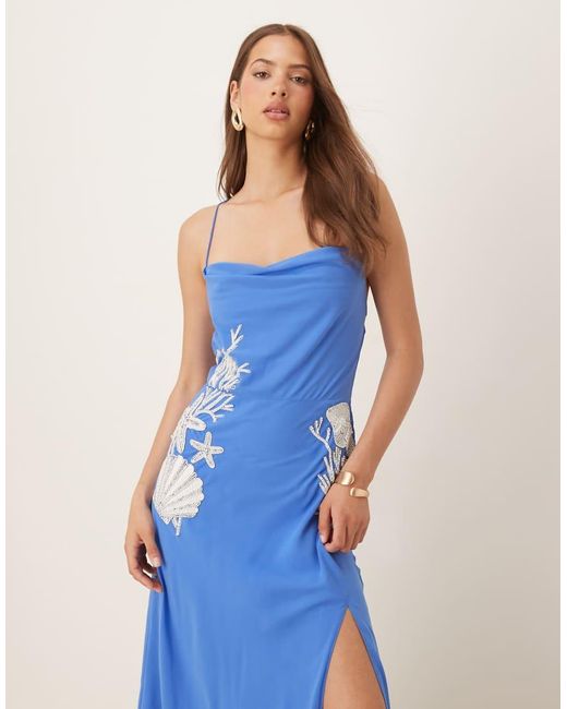 Hope & Ivy Blue Embellished Cross Back Cami Maxi Dress