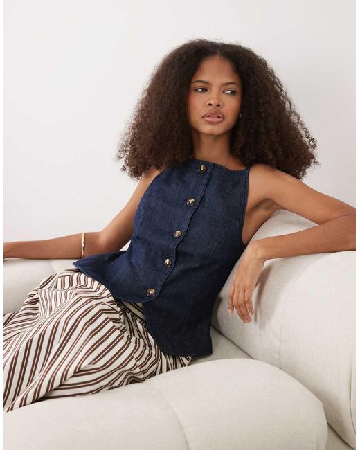 New Look Blue Square Neck Denim Waistcoat