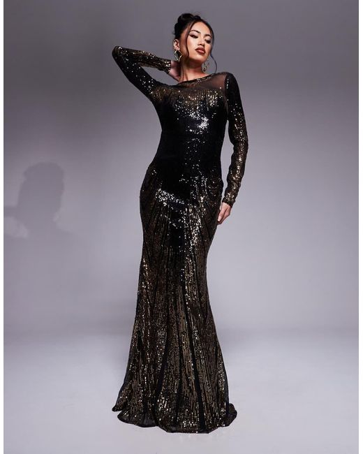 Goddiva Black Long Sleeve Aztec Sequin Maxi Dress
