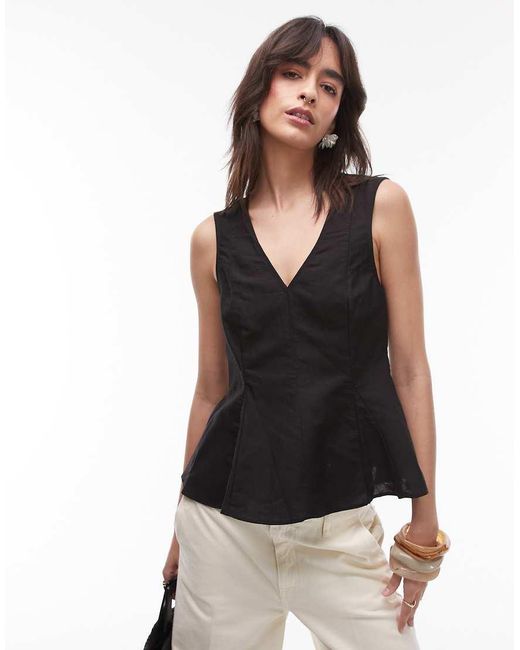 Mango Black Linen Mix V-neck Peplum Top