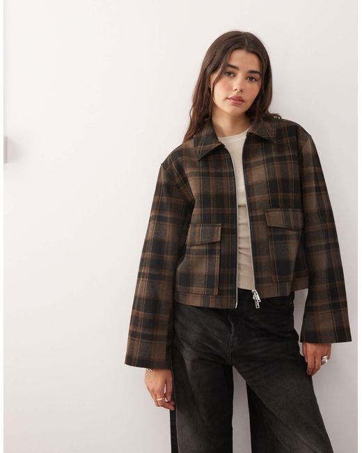 Monki Brown Short Collared Jacket With Wool
