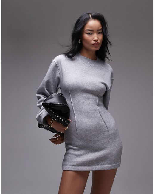 TOPSHOP Gray Cinched Waist Long Sleeve Jersey Mini Dress