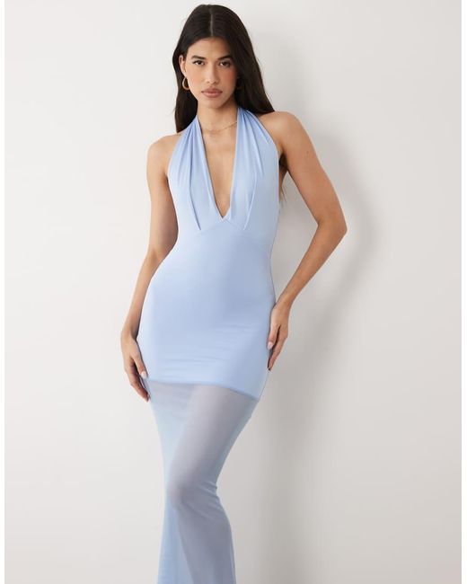 Aria Cove Blue Slinky Plunge Halterneck Sheer Hem Maxi Dress