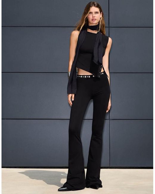 Bershka Blue Flare Trousers With Eyelets At The Waist