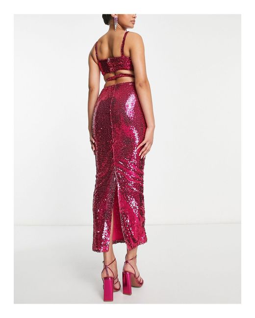 SIMMI Red Simmi Tall Sequin Cut Out Waist Maxi Skirt