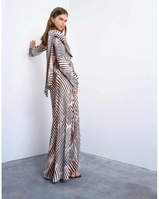 TOPSHOP White Long Sleeve Ruffle Maxi Dress With Scarf Wrap Detail