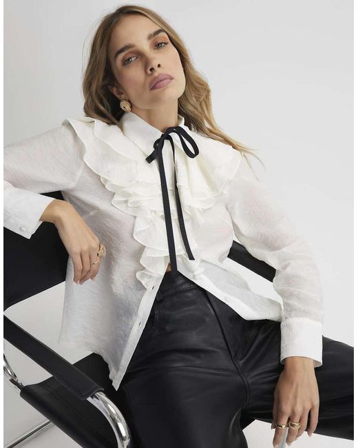 River Island White Ruffle Tie Neck Blouse