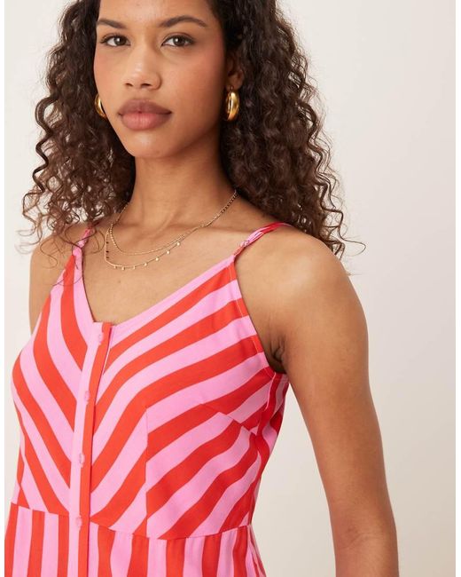 Vestito Lungo Con Spalline Sottili A Righe Rosa E Rosse Con Bottoni di Y.A.S in Red