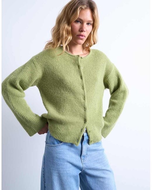 TOPSHOP Green Knitted Easy Ribbed Relaxed Cardigan