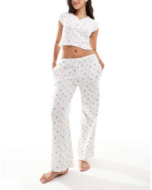 Kaiia White Mix And Match Pointelle Wide Leg Pyjama Bottoms