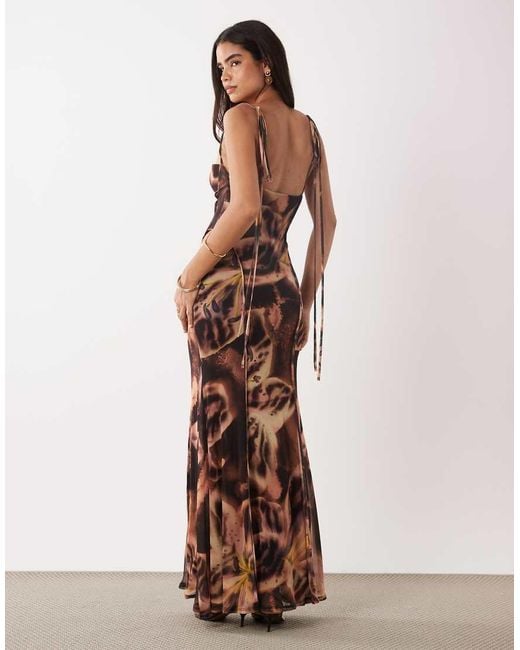 ASOS Brown Printed Mesh Exposed Seam Sculpted Cupped Maxi Dress