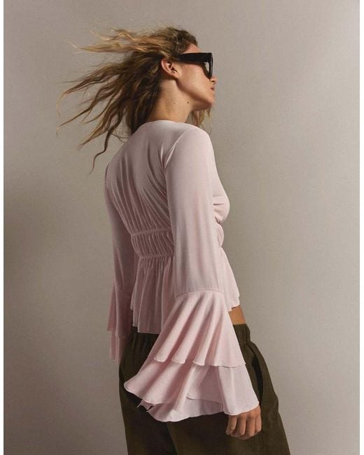Bershka Brown Flowy Frilled T-Shirt