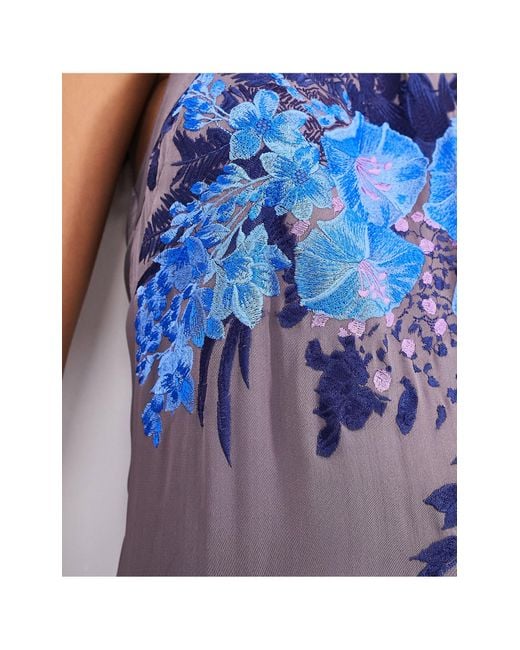 ASOS Blue Trailing Floral Embroidered Fringe Hem Halter Midi Dress