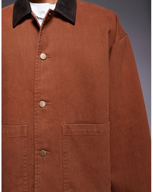 ASOS Natural Boxy Oversized Worker Jacket With Faux Leather Collar for men