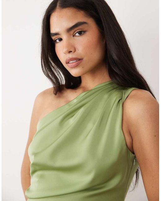 ASOS Green One Shoulder Satin Maxi Dress With Pleat Detail