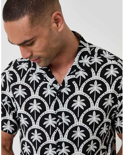 Threadbare Black Palm Tree Print Short Sleeve Shirt for men