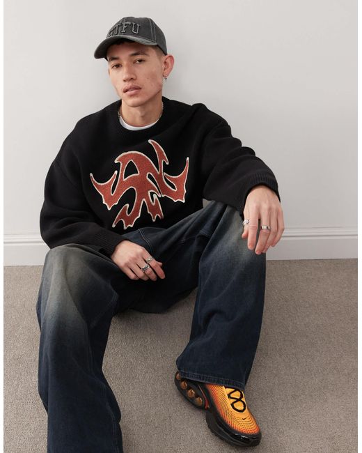 Weekday Black Cypher Oversized Jumper With Red Jacquard Graphic for men