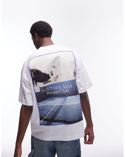 Camiseta blanca extragrande con detalle estampado "racquet club" en la parte delantera y trasera Topman de hombre de color Blue
