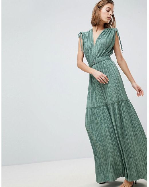 Sabina Musayev Green Metallic Crinkle Tiered Dress