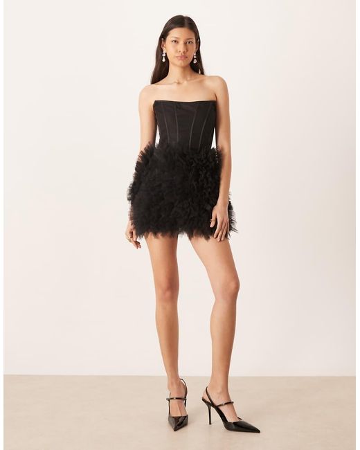 LACE & BEADS Black Bandeau Corset Detail Tulle Skirt Mini Dress